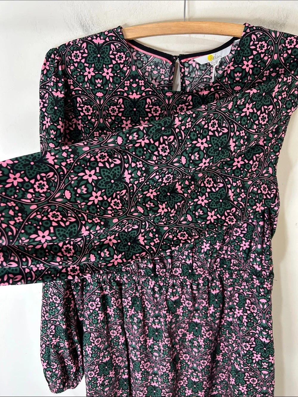 NWT BODEN Green and Pink Floral Long Puff Sleeve Dress Size US 8P